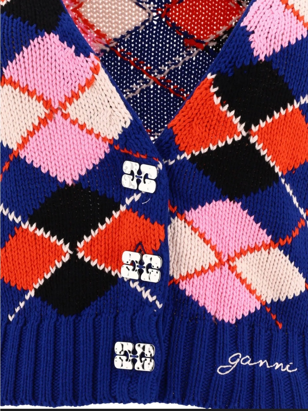 Ganni Blue Argyle V-Neck Cardigan with Pink and Red Accents - Picture 14 of 14